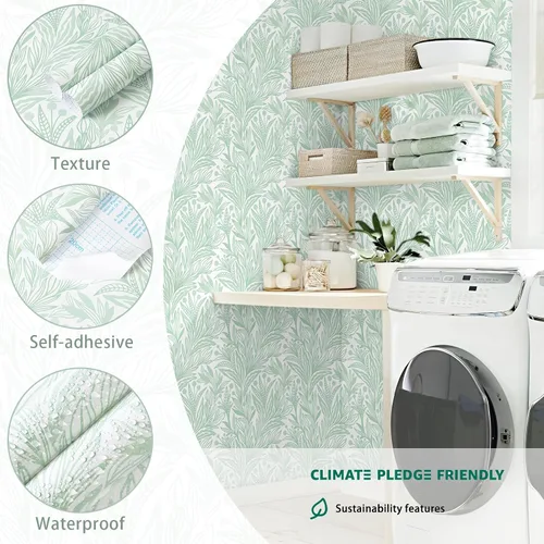 Miniatura 3 de Dimoon Papel tapiz de 17.3 x 98.4 pulgadas, papel de contacto bohemio verde y blanco, papel de contacto bohemio moderno con hojas florales, apto