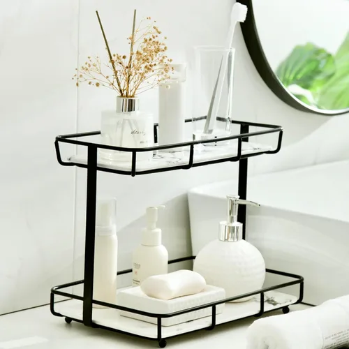 Organizador de baño, organizador de perfumes, organizador de maquillaje, estante de almacenamiento de cosméticos, bandeja de tocador de acero 2