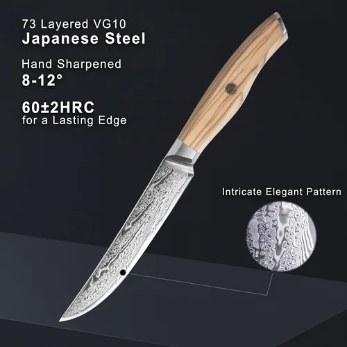 Miniatura 4 de Juego de 6 cuchillos para carne Damasco Premium no dentados con mango de madera de olivo natural, cuchillas de acero japonés de borde recto de 67