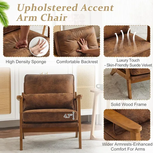Miniatura 6 de VINGLI Juego de 2 sillas decorativas de madera maciza con reposabrazos anchos, sillas modernas tapizadas de mediados de siglo con almohada, silla