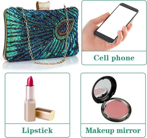Miniatura 5 de BWKUNOLF Bolsos de mano de lentejuelas con cuentas de pavo real para fiesta y boda