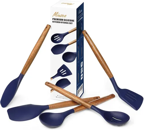Miniatura 9 de Juego de utensilios de cocina de silicona antiadherente con mango de madera dura de acacia natural, 5 piezas, azul medianoche, sin BPA, utensilios
