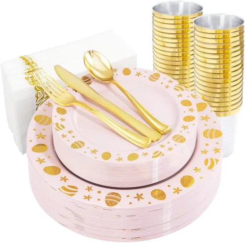 Miniatura 12 de U-QE 175 platos y servilletas de plástico dorado para fiestas, juego de vajilla transparente y dorado para 25 invitados, 25 platos llanos, 25 platos