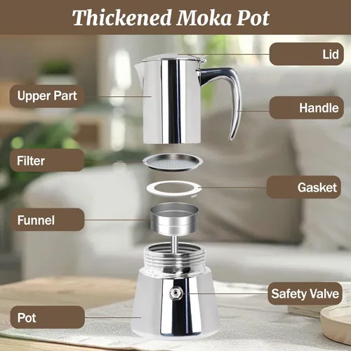 Miniatura 3 de Olla de café espresso italiano de acero inoxidable 304 de 2 tazas de 3.5 onzas líquidas, cafetera para estufa, cafetera de moca, para estufa