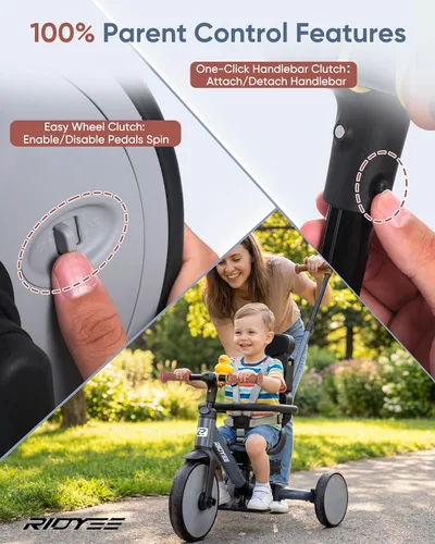 Miniatura 3 de RIDYEE Triciclo 8 en 1 para 1.5-5 años, interruptor sin herramientas, triciclo para niños pequeños con mango de control de dirección para padres