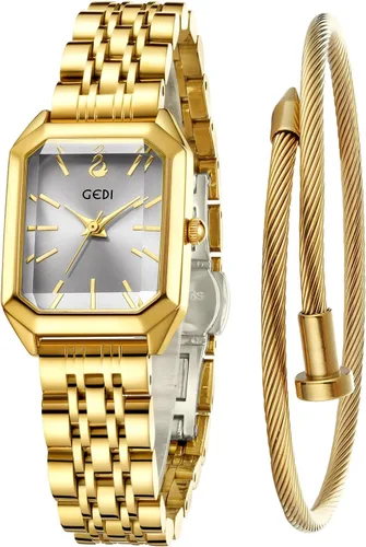 Miniatura 8 de FANMIS Juego de reloj de pulsera y brazalete para mujer en tono dorado, reloj de vestir casual simple con esfera cuadrada, correa sólida de acero