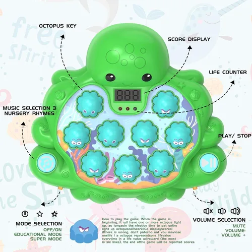 Miniatura 3 de Juego de Golpe de Vitalidad de Pulpo, Juguete Musical Educativo Whack-A-Mole con 2 Modos de Juego, Pantalla de Puntuación Digital, Juguete de Verde