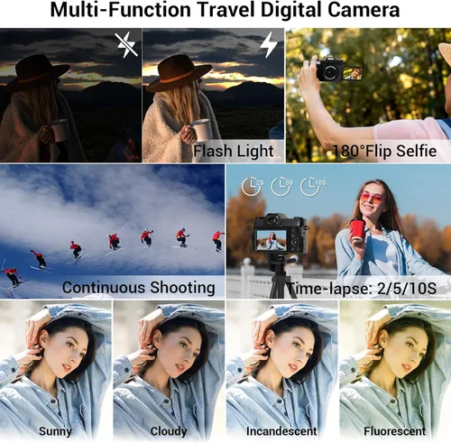 Miniatura 7 de Cámara digital, 75MP WiFi 4K Vlogging cámara de video para YouTube con pantalla abatible de 180° de 3 pulgadas, tarjeta SD de 64 GB, antivibración