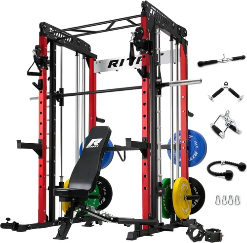 Miniatura 23 de RitFit Máquina M1 Pro Smith con sistema de cruce de cables, jaula multifunción para sentadillas para gimnasio en casa, rack de energía y paquetes