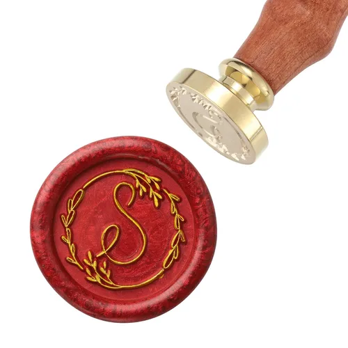 Miniatura 2 de Yoption Sello de cera escrito a mano, letra S, alfabeto inicial vintage con sello de cera de sellado de rama de olivo