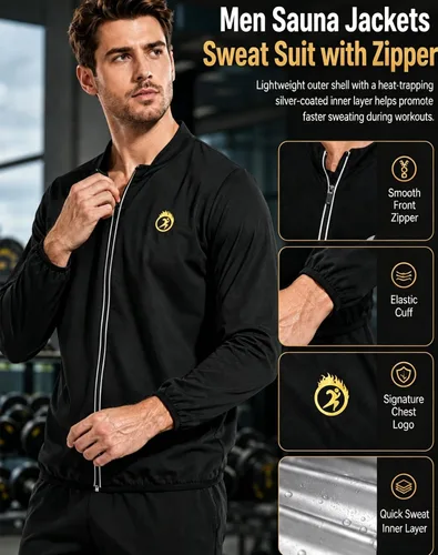 Miniatura 5 de NINGMI Traje de sauna para hombre, chaqueta para sudar, camisa de manga larga, trajes de entrenamiento con cremallera, gimnasio, ejercicio, fitness