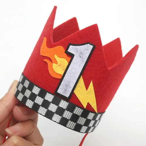 Miniatura 6 de Corona de primer cumpleaños de coche de carreras, sombrero rojo de cumpleaños de piloto de carreras, pequeño