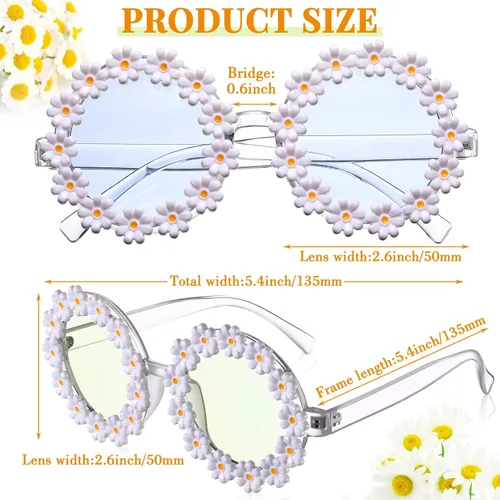 Miniatura 2 de 2 pares de lentes de sol de margarita para mujer, gafas redondas de flores para adultos y niños, decoración con gafas de tela bolsa de franela