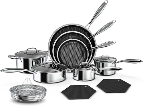 Miniatura 8 de Juego de sartenes antiadherentes, sartenes de 8, 10 y 12 pulgadas, 6 sartenes híbridas antiadherentes de acero inoxidable 18/10 con tapa, compatible