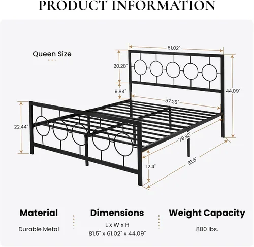 Miniatura 2 de SHA CERLIN Marco de cama de metal tamaño Queen con cabecero y estribo de diseño circular vintage, no requiere somier, fácil montaje, sin ruido, Negro