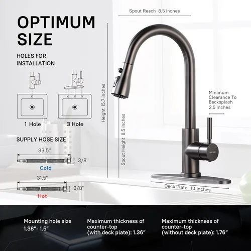 Miniatura 2 de WEWE Grifo de cocina de acero inoxidable negro con rociador desplegable, grifo de fregadero de acero inoxidable comercial moderno de una sola manija