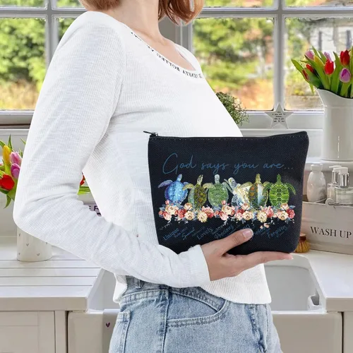 Miniatura 6 de LEVLO Bolsa de maquillaje cosmética de tortuga marina, regalo para amantes de las tortugas, Dios dice que eres único, especial, encantador, elegido