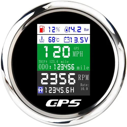 Velómetro GPS 6 en 1 MAIMEIMI 85mm 3-3/8" Tachómetro Ajustable Multifuncional Voltímetro Nivel de Combustible Temperatura del Agua Presión de Aceite