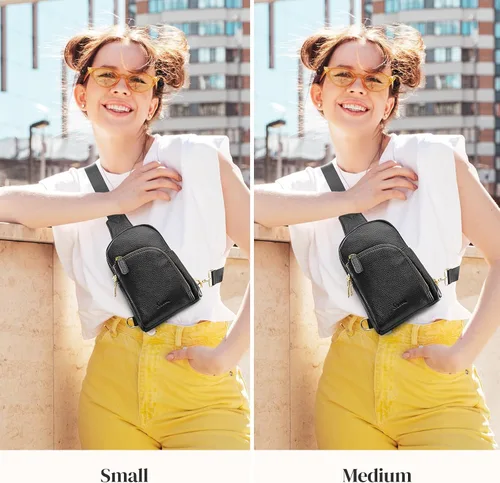 Miniatura 2 de S-ZONE Bolso bandolera para mujer, cangureras de cuero genuino con bloqueo RFID, bolsas cruzadas en el pecho, regalos para mujeres y hombres, Negro