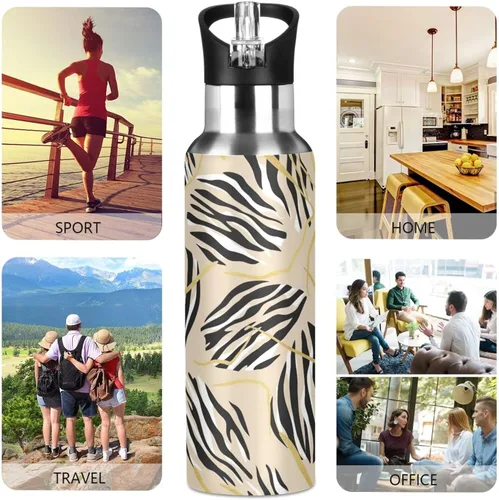 Miniatura 5 de Zebra Stripes Beige Insulated Stainless Steel Water Bottle with Straw 32 Oz Leakproof Water Bottles, BPA-Free Sports Water Bottle