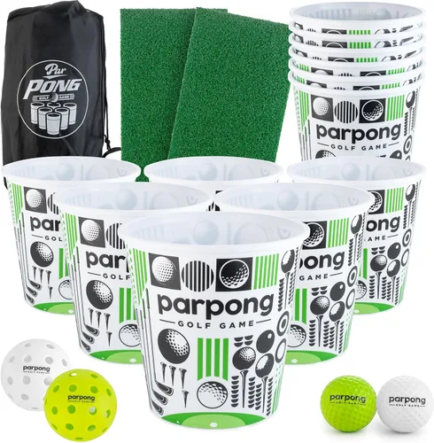 VULCANO SPORTS Par Pong Juego de astillado de golf para patio trasero - Juego de golf al aire libre con 12 cubos, 2 alfombrillas de golpeo y pelotas