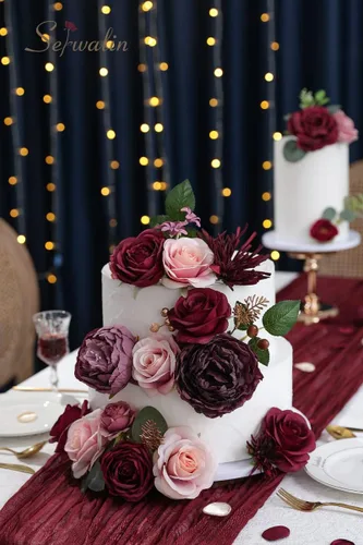Miniatura 6 de Serwalin Flores artificiales de color borgoña, rosas artificiales de seda rosas en color rosa falso para ramos de boda, centros de mesa y arreglos