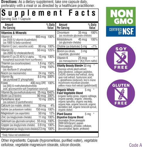 Miniatura 2 de Bluebonnet Nutrition Ladies' ONE 40+ Whole Food-Bed Multiple, Multivitamínico para mujeres de 40 años, sin soja, sin OMG, sin gluten, 30 cápsulas