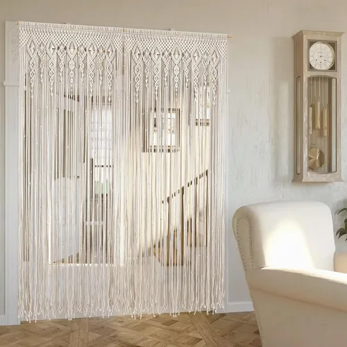Miniatura 7 de Foreate Cortinas de macramé largas de algodón para colgar en la pared, cortina bohemia con cuentas para ventana, puerta, telón de fondo de boda