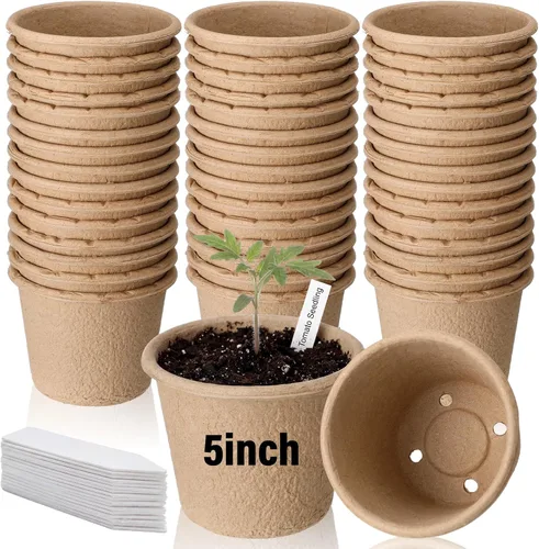 Paquete de 30 macetas grandes biodegradables de 5 pulgadas para siembra orgánica, macetas de turba con drenaje y etiquetas, bandejas de inicio de