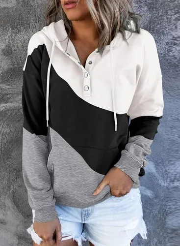 Miniatura 3 de Dokotoo - Sudaderas con capucha para mujer, con cuello de botón y cordón de ajuste, sudaderas casuales de manga larga