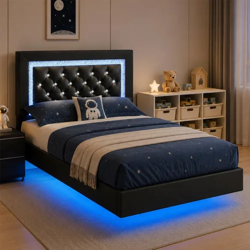 BarnFurin Base de cama flotante individual con luces LED, plataforma tapizada con cabecera capitonada de diamante, no necesita somier, sin ruido,