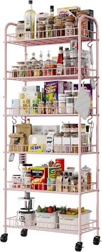 Miniatura 10 de Carrito de almacenamiento delgado rodante con ruedas, estantería móvil de metal de 6 niveles, organizador de cocina, carrito utilitario
