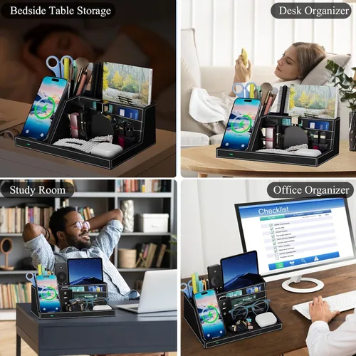 Miniatura 5 de TopMade Organizador de mesita de noche de escritorio con cargador inalámbrico, soporte de cuero para bolígrafos, accesorios de oficina, estación