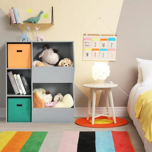 Miniatura 2 de Gabinete de almacenamiento de juguetes para niños de 5 cubos, estantería independiente para niños con 2 contenedores de almacenamiento plegables