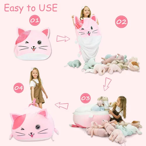 Miniatura 4 de Anzitinlan Lindo puf de gato para niños, puf de almacenamiento de animales de peluche rosa para decoración de habitación de niñas