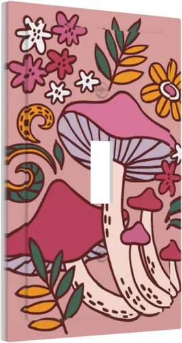 Miniatura 90 de Cubierta de interruptor de luz de palanca doble de 2 cuadras, color rosa, hongos, flores, placa de pared, placa frontal eléctrica, retro, años 70