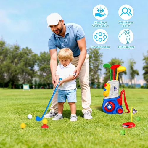 Miniatura 6 de Juego de golf para niños y niñas de 1, 2, 3, 4, 5 años, con 4 palos de golf de plástico, 10 pelotas, para interiores y exteriores, juego de palos