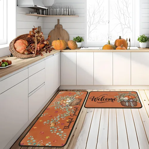 Miniatura 14 de Juego de 2 alfombras y tapetes de cocina de otoño, alfombras de cocina de Acción de Gracias, con respaldo antideslizante, decoraciones de otoño