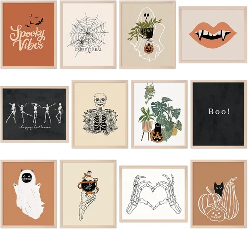 Whaline 12 impresiones artísticas en lienzo de Halloween para pared, diseño de esqueleto bohemio, fantasma, gato negro, decoración de pared para