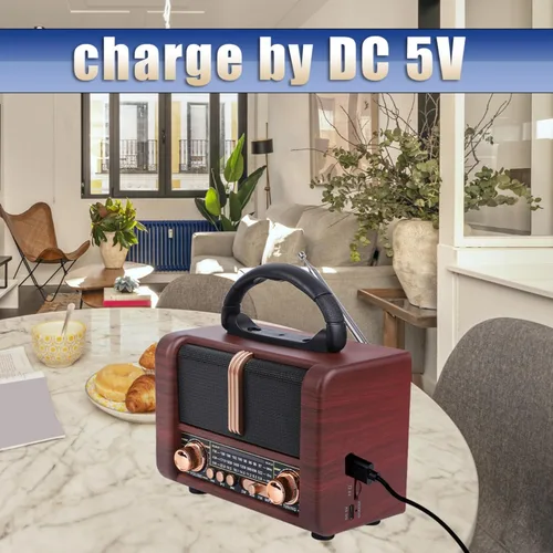 Miniatura 2 de Radio portátil retro AM FM SW 3 banda, carga USB, radio de onda corta con altavoz Bluetooth, tarjeta TF (marrón)