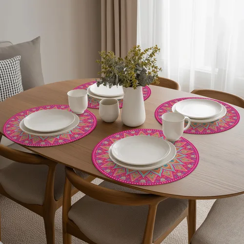 Miniatura 5 de Artoid Mode - Juego de 4 manteles individuales de vinilo de plástico con mandala rosa, manteles redondos tejidos antideslizantes lavables de 14