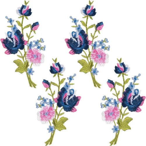 HINZIC 4 parches bordados de flores rosas para coser para planchar, ramo floral rosa y azul bohemio para ropa, jeans, chaquetas, bolsas de vestir,