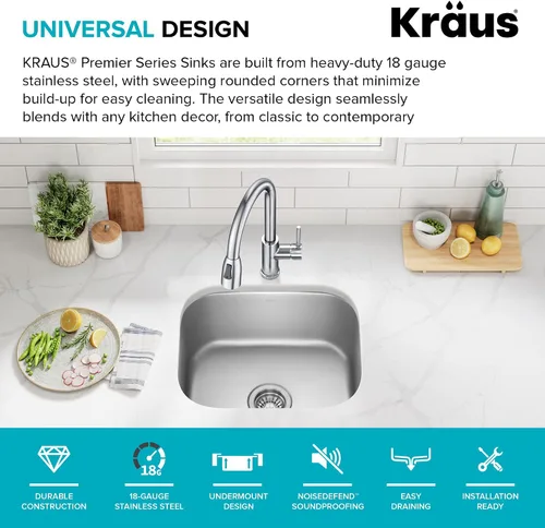 Miniatura 4 de Kraus KBU11 - Fregadero de cocina de acero inoxidable de 19 3/4 pulgadas, fregadero de cocina duradero de calibre 18 de un solo tazón