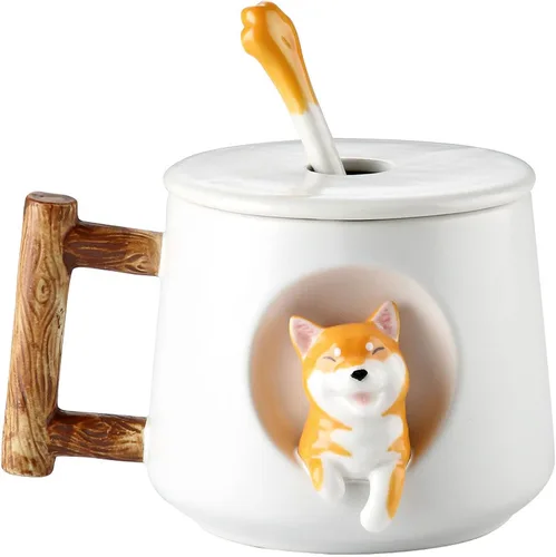 Miniatura 11 de Taza de Pareja de Perros Linda, Taza de Café de Cerámica con Tapa, Patas en la Parte Superior de la Cuchara, Bonito Diseño Tridimensional de Shiba