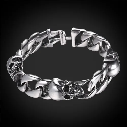 Miniatura 21 de U7 Pulseras góticas de calavera para hombres y mujeres, acero inoxidable, chapado en oro de 18 quilates, plata, negro, punk, esqueleto punk