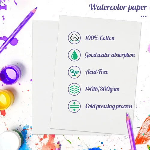 Miniatura 3 de 300 hojas de papel de acuarela, 140 lb/300 GSM, papel de acuarela de prensa en frío, papel de algodón para niños, estudiantes, adultos, artistas