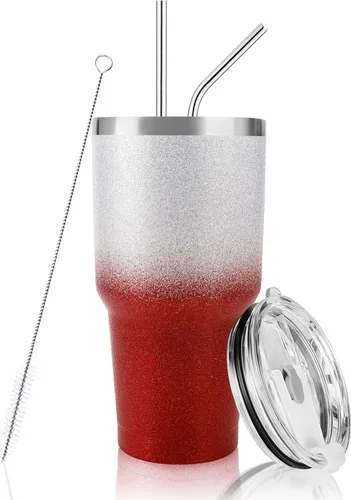 Miniatura 11 de D·S Vaso de 30 onzas con purpurina verde de Navidad con gradiente de acero inoxidable de doble pared aislada al vacío con popote y tapa, cepillo