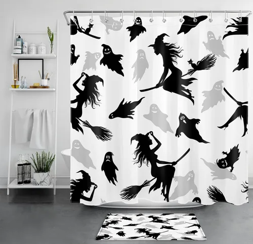 Miniatura 30 de LB Cortina de ducha espeluznante de Halloween, lindo fantasma en flores, árbol negro, luna llena, cortinas de ducha para baño, tela de poliéster