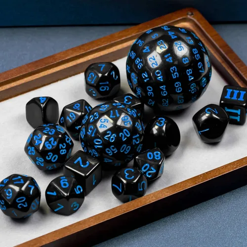 Miniatura 3 de Juego completo de 15 dados poliédricos DND D3-D100 con bolsa de dados de ojo de dragón, dados D100 para juegos de mesa RPG (negro con números azules)