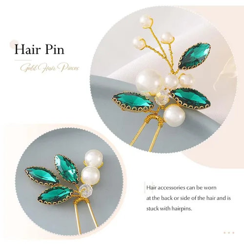 Miniatura 3 de Casdre Horquillas para el pelo de perlas doradas y verdes con diamantes de imitación para novias, accesorios para el cabello de boda para mujeres